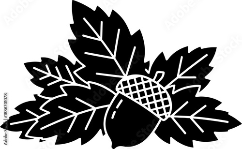 Black acorn and oak leaves icon. Autumn forest plant symbol. Flat vector illustration for nature, harvest, season design