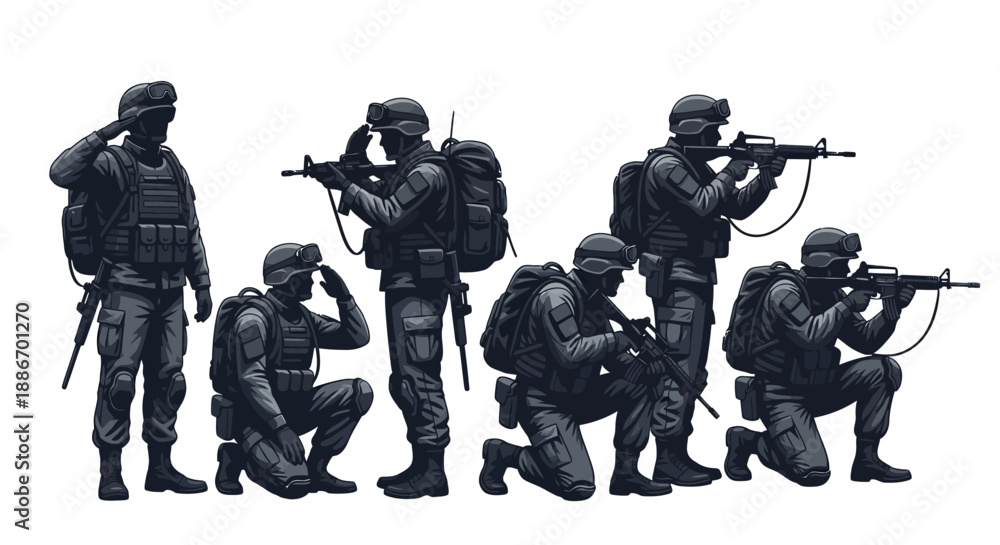 Fototapeta premium Military Soldiers in Tactical Gear and Uniforms Posing with Weapons