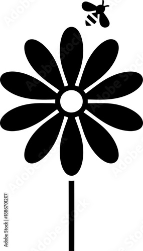Daisy flower icon with flying bee. Simple black flat natural graphic symbol. Blossom plant vector illustration design for web, app