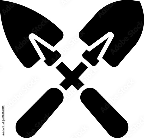 Crossed garden shovel and trowel icon. Digging tool for planting and gardening concept. Black silhouette symbol for website, app, infographic, label, logo, sign. Vector illustration