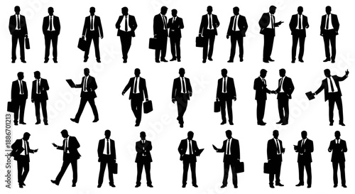 Collection of Diverse Business People Silhouettes in Formal Attire, Executing Various Actions
