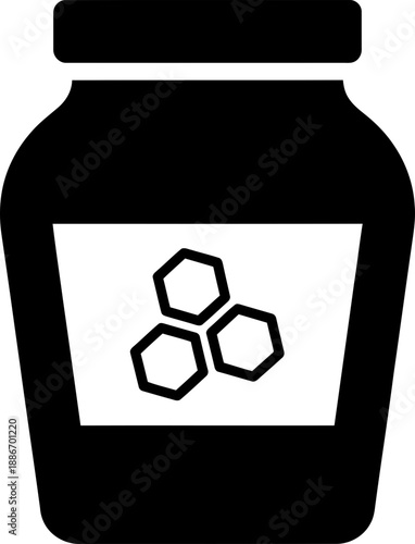 Jar of honey with honeycomb label. Sweet natural food product in simple black glyph style. Vector icon isolated on white background symbol for design