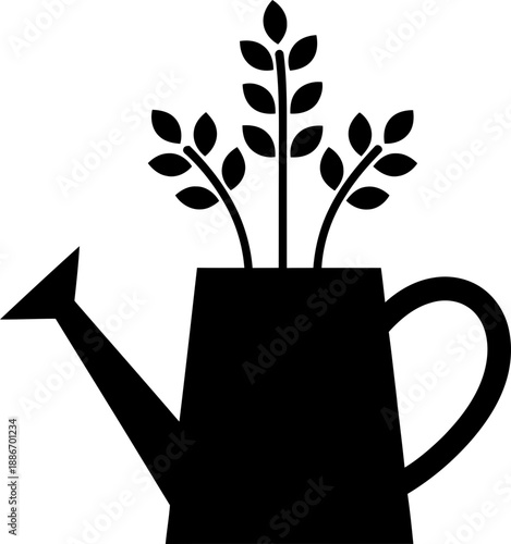 Black watering can with green plant sapling sprouts. Grow and gardening icon. Agriculture and nature symbol. Flat vector illustration for print, web design, app