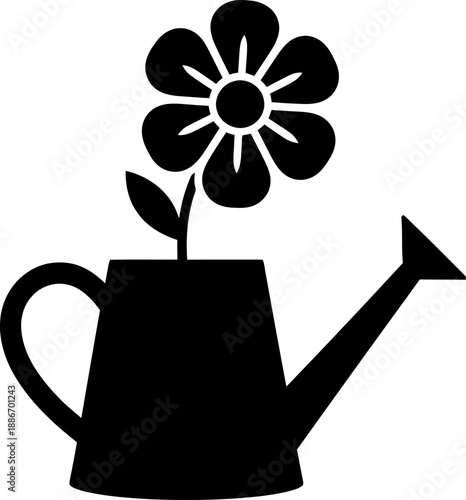 Watering can with flower icon. Growing plant symbol. Gardening and nature concept. Black silhouette illustration for application, website element