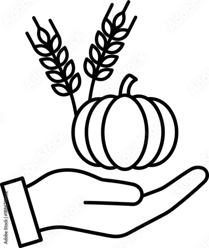 Hand holding a pumpkin and wheat stalks. Autumn harvest or Thanksgiving concept. Outline style vector icon for application or web