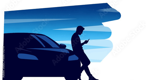 Silhouette of a Man Using Smartphone Leaning on Car at Night with Stylized Sky
