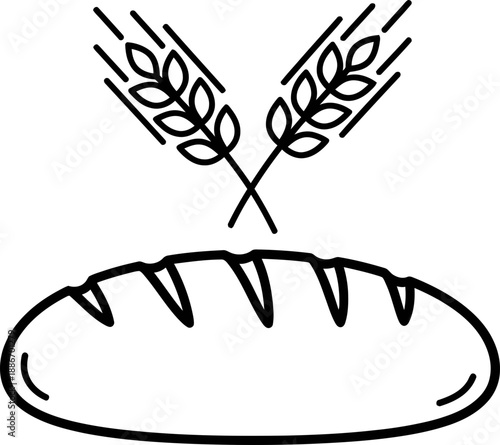 Loaf of bread and wheat ears. Baking, healthy eating, and agriculture concept. Outline vector illustration for food packaging, menu design