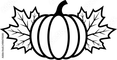 Outline pumpkin with autumn maple leaves. Fall season, harvest, Thanksgiving, Halloween concept. Vector illustration for coloring book, card