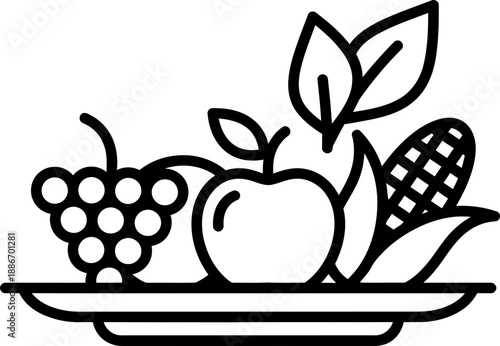 Line art Thanksgiving or harvest celebration food icon showing fruit, corn, and leaves on a plate. Vector illustration in simple style