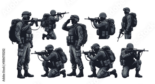 Military Soldiers in Combat Gear with Rifles, Dynamic Poses Vector Set