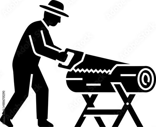 Man wearing a hat sawing a log on a sawhorse with a hand saw. Woodworking, lumberjack, and manual labor concept. Vector icon illustration for construction or carpentry design