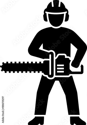 Man woodcutter with chainsaw icon. Worker logger in hard hat and ear protection. Lumberjack job. Glyph style for forestry industry, safety concept. Vector illustration