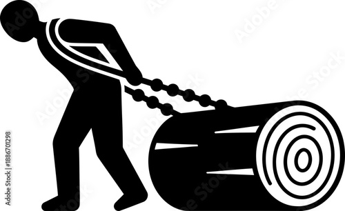 Man pulling heavy log with chain. Hard work, labor, effort, and strength concept. Simple vector illustration in stick figure style