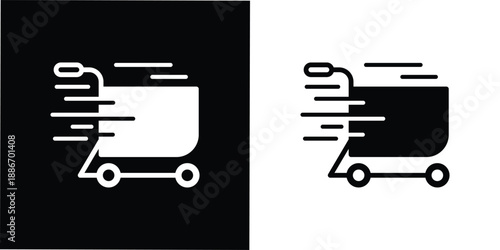 This silhouette icon illustrates a shopping cart in motion, enhanced with dynamic speed lines to clearly represent fast shopping, instant checkout, or flash sale activity