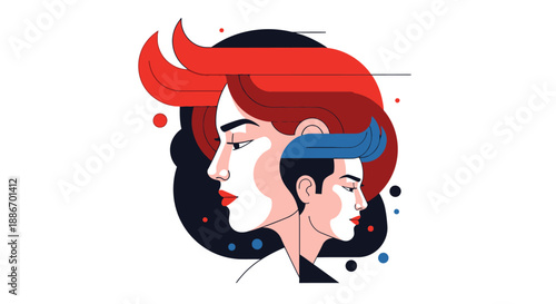 Abstract Profile Portraits of Woman and Man with Stylized Hair and Geometric Shapes