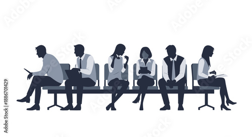 Diverse group of people sitting on a bench in a waiting room or