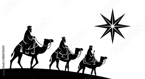 Three Wise Men on Camels Following a Star, Silhouette of Nativity Scene