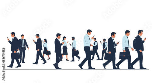 Diverse Business People Walking and Using Smartphones on a White Background