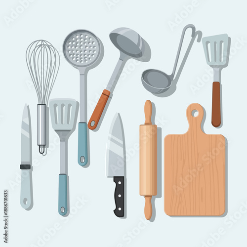 Kitchen Utensils Arrangement on Light Background