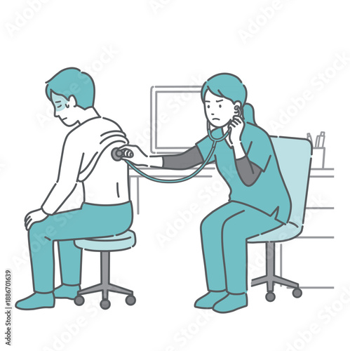 背中の聴診を受ける冷や汗をかいた男性と深刻な表情のスクラブ姿の女性医療従事者のイラスト