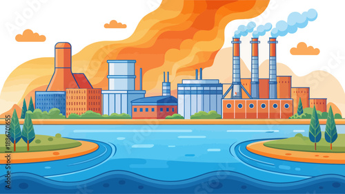 Industrial Factory Emitting Smoke Over Waterway