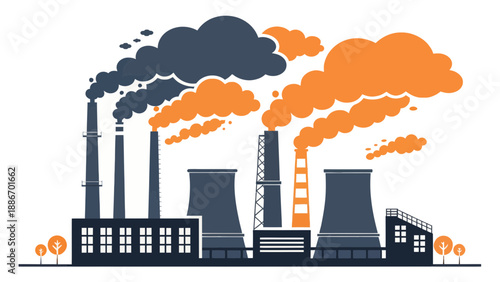 Industrial Factory Smoke Emissions Against White Background