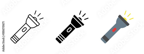 Flashlight icon. Simple handheld torch with light rays symbol. Portable light source illustration for dark environment, safety or night usage.