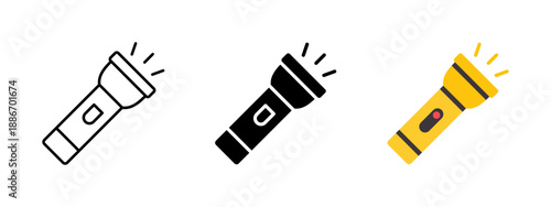 Flashlight icon. Modern portable torch with power button sign. Electric lighting device illustration for emergency, inspection or night work concepts.