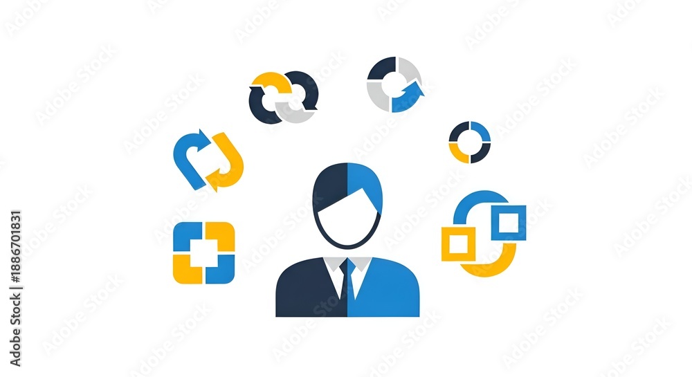 Fototapeta premium Strategic Business Manager Overseeing Complex Processes and Workflow Optimization, Represented by a Professional Figure Surrounded by Dynamic Cycle Icons