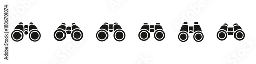 Binoculars solid icon set. Optical observation device black symbols. Vision and magnification glyph icon collection for search, surveillance, exploration, monitoring or viewing concepts.
