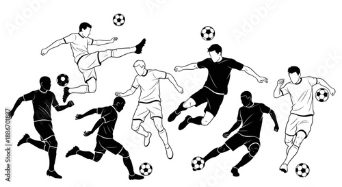 Dynamic Black and White Soccer Players in Action Posing with Football