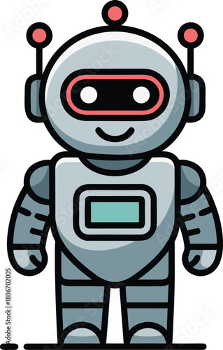 A charming cartoon illustration depicts a friendly simplistic robot character with a smiling face and glowing red eyes standing cheerfully