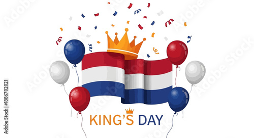 Dutch King's Day Celebration with Flag, Crown, Balloons, and Confetti Vector Illustration