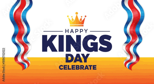 Happy Kings Day Celebration with Crown and Festive Waving Ribbons