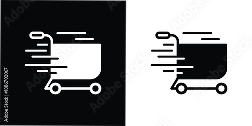 This silhouette icon illustrates a shopping cart in motion, enhanced with dynamic speed lines to clearly represent fast shopping, instant checkout, or flash sale activity