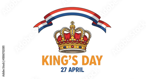 King's Day Celebration with Royal Crown and Dutch Flag Colors Ribbon Banner