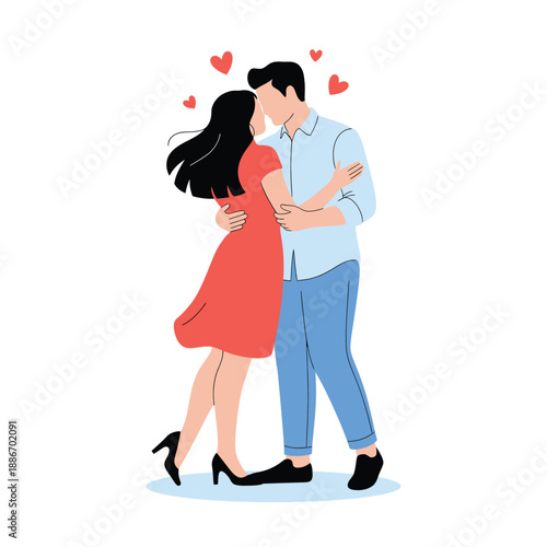 Couple Dancing Romantically with Red Hearts Floating Around