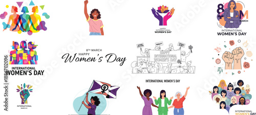 International women's day celebration poster with diverse illustrations