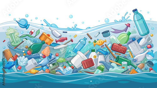 Ocean Pollution With Plastic Waste Illustration
