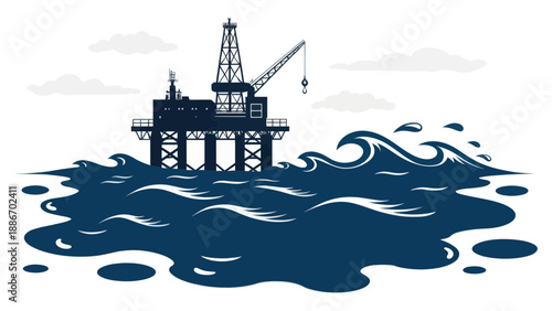 Offshore oil rig drilling in rough sea waves
