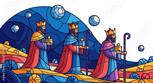 Three Wise Men with Gifts in a Stylized Nativity Scene, Religious Illustration