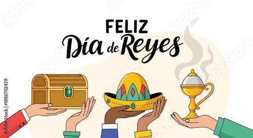 Feliz Dia de Reyes with Gifts of Gold, Incense, and Crown Illustration