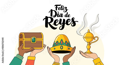 Feliz Dia de Reyes with Gifts: Crown, Chest, and Incense Holder