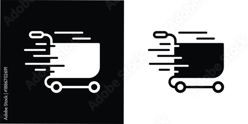 This silhouette icon illustrates a shopping cart in motion, enhanced with dynamic speed lines to clearly represent fast shopping, instant checkout, or flash sale activity