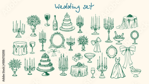 Romantic Dinner and Wedding Elements Set. Candelabra, Wine and Flowers Bouquet, Cake Line Drawing for Wedding Invitations, Poster, Menus, Parties, Restaurant Design in Hand Drawn Sketch Style.