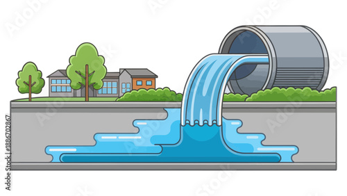 Sewage Dumping from Pipe into Waterway Near Houses