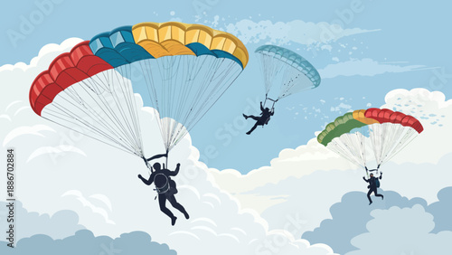 Skydivers Falling Through Clouds with Colorful Parachutes