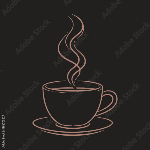 Steaming cup of coffee on a saucer with rising vapor isolated on dark background