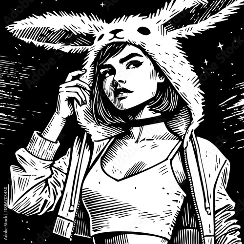 Bunny Girl: Woman wearing a fluffy hat with long rabbit ears.