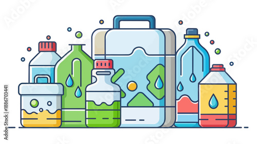 Various plastic bottles and containers with liquids